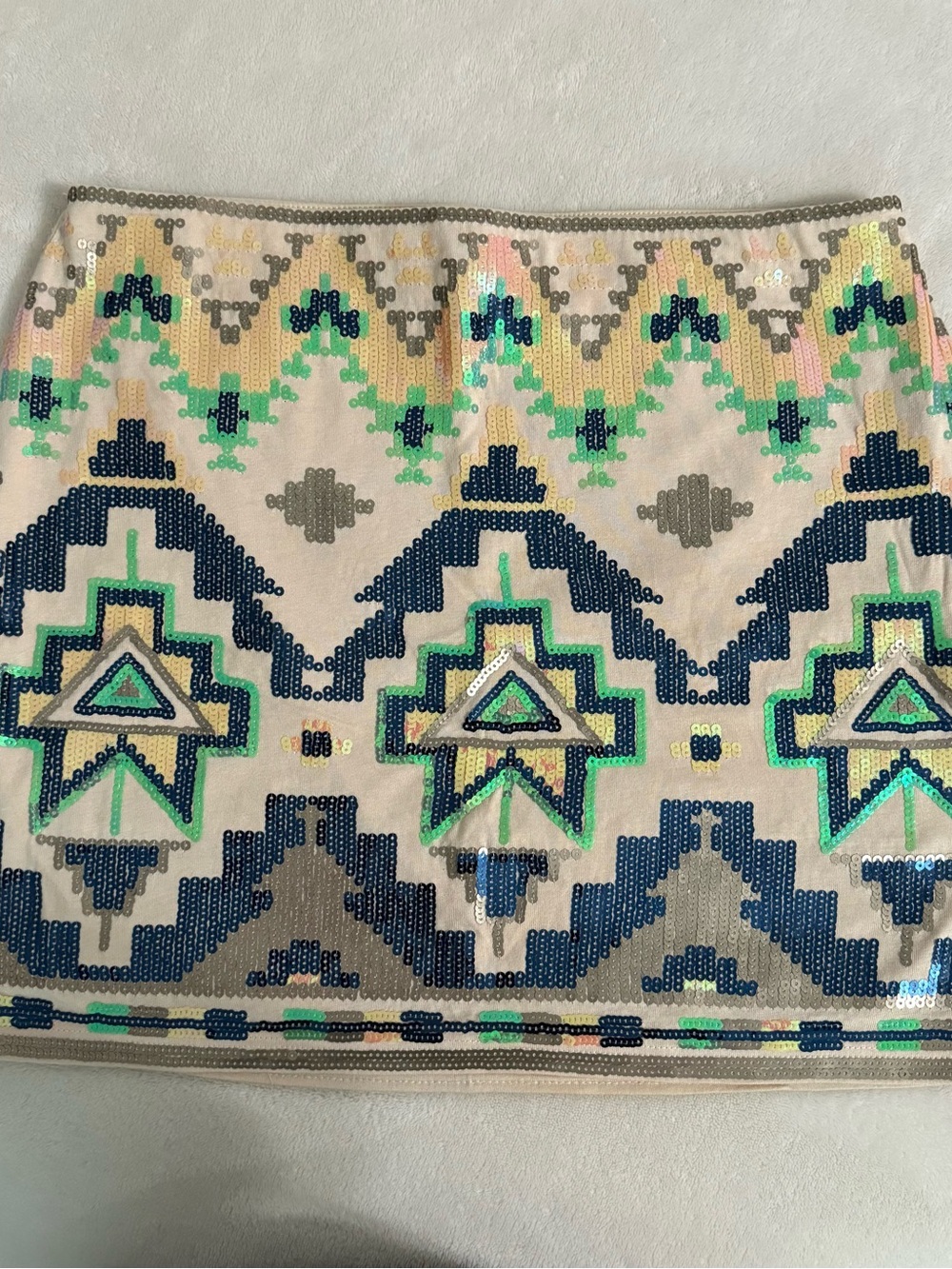Express Beige Mini Skirt with Navy, Green & Pastel Sequin Aztec Pattern